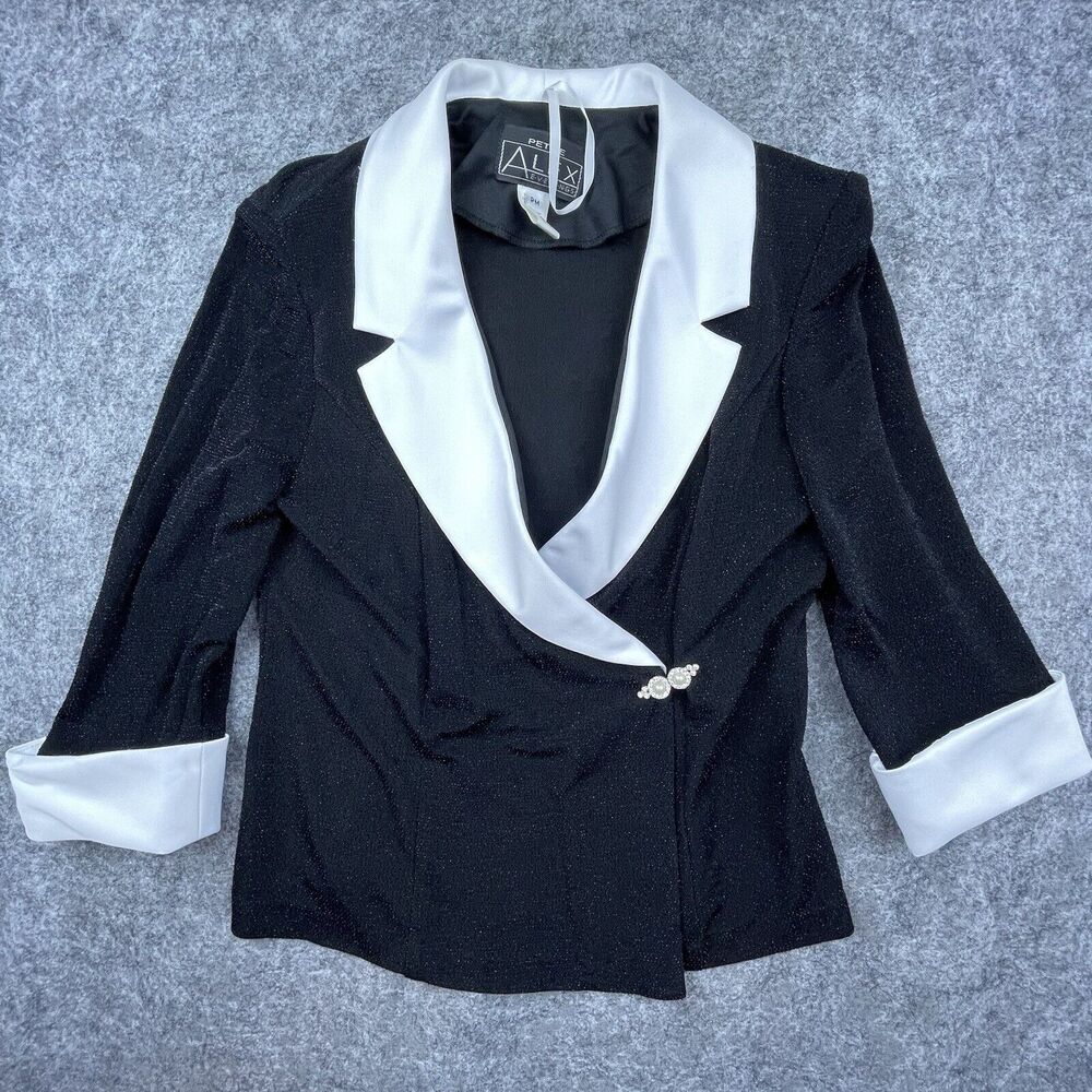 Petite Alex Evenings Blazer Womens PM White Satin Formal Sparkle Metallic Jacket